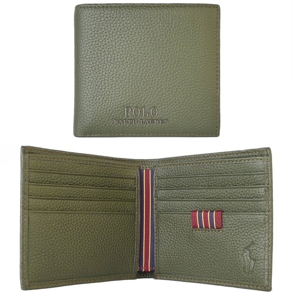 NIB Polo Ralph Lauren Pebbled Leather Billfold with striped grosgrain accents